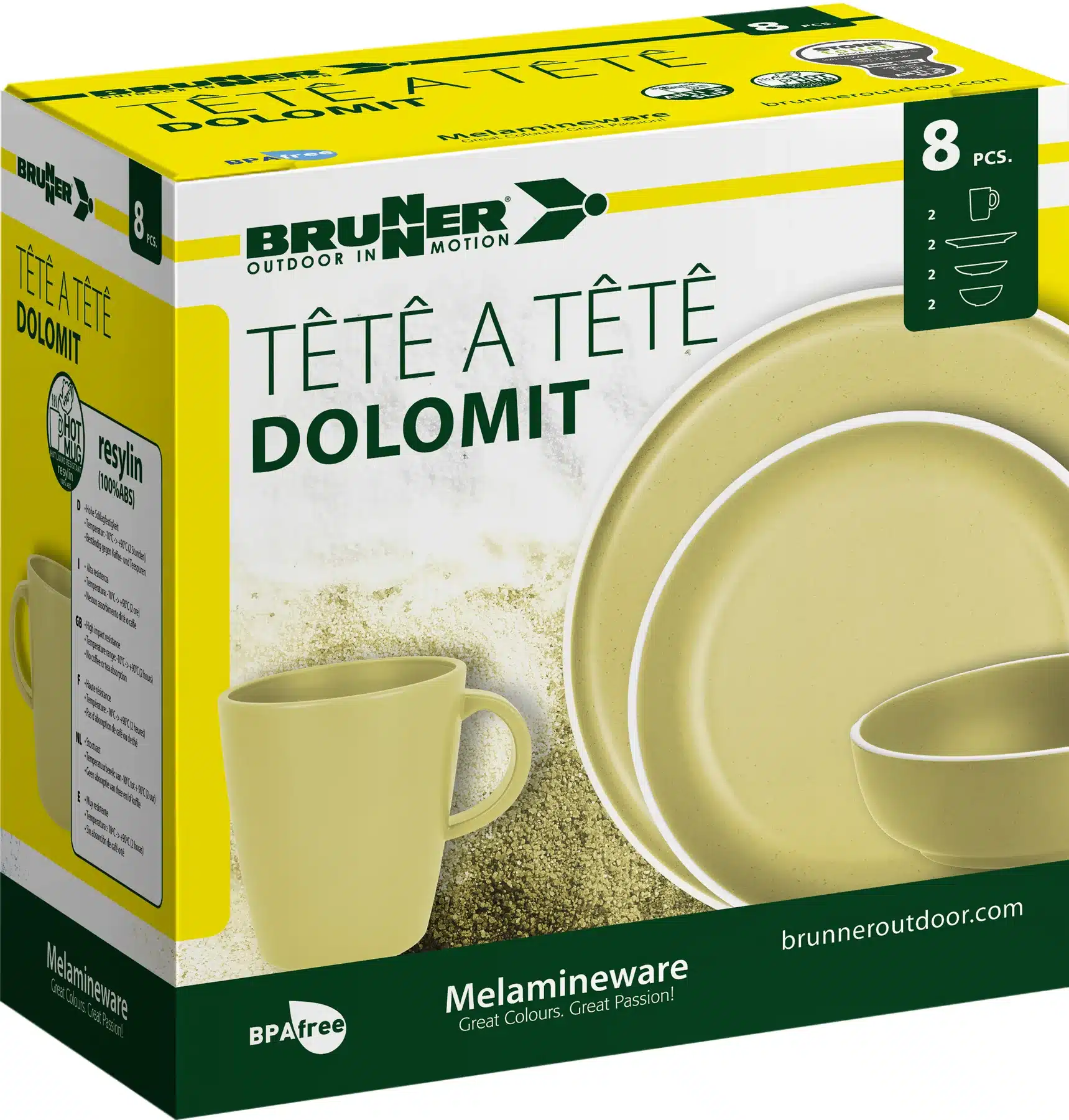 0830143N.C88_3 Brunner Dolomit Tête‑à‑Tête Yellow – 8‑dijelni servis za dvoje sa protukliznom bazom